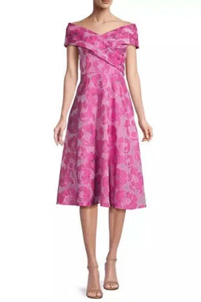 Pre-owned Aidan Mattox Elegant Magenta Floral Jacquard Off-the-shoulder Midi-dress
