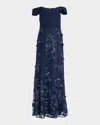 Aidan Mattox By Adrianna Papell Sequin Embellished Off The Shoulder Mermaid Gown In Navy