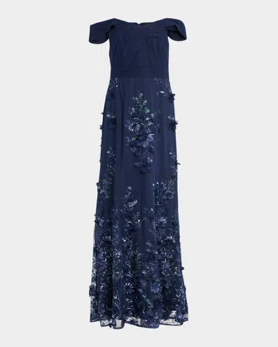AIDAN MATTOX EMBELLISHED FLORAL-EMBROIDERED GOWN
