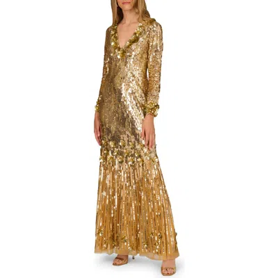 Aidan Mattox Embellished Long Sleeve Mermaid Gown In Gold