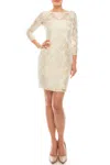 Aidan Mattox Embroidered 3/4 Sleeve Lace Dress In Ivory