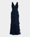 Aidan Mattox By Adrianna Papell Embroidered Mesh Trumpet Gown In Blue