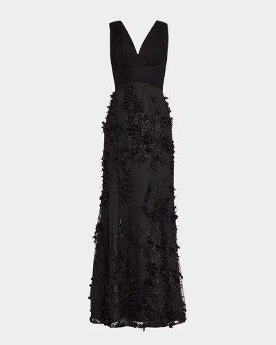 Aidan Mattox Embroidered Floral Applique Gown In Black