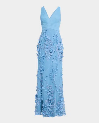 Aidan Mattox Embroidered Floral Applique Gown In Blue