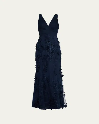 Aidan Mattox Embroidered Floral Applique Gown In Blue
