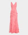 Aidan Mattox Embroidered Floral Applique Gown In Salmon Pink