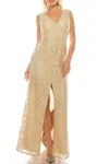 Aidan Mattox Embroidered Lace Sheath Evening Dress In Champagne