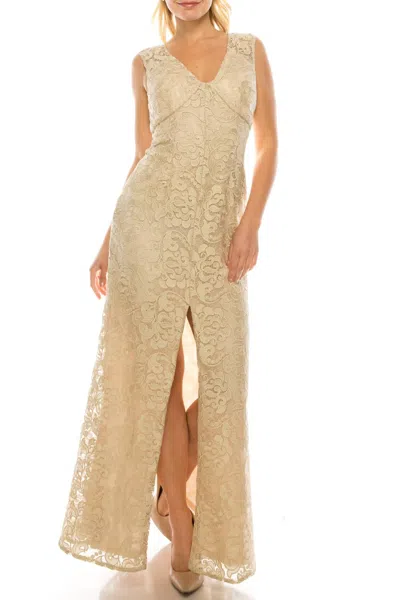 Aidan Mattox Embroidered Lace Sheath Evening Dress In Champagne In Neutral