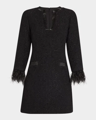 Aidan Mattox Feather-cuff Boucle Jacquard Mini Dress In Black