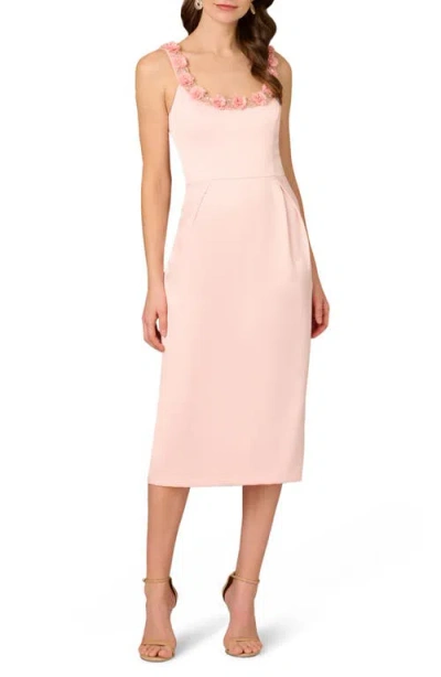AIDAN MATTOX AIDAN MATTOX FLORAL & BEAD DETAIL SATIN COCKTAIL MIDI DRESS