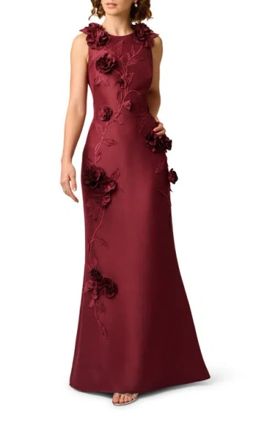 Aidan Mattox Floral Appliqué Stretch Mikado Gown In Mahogany
