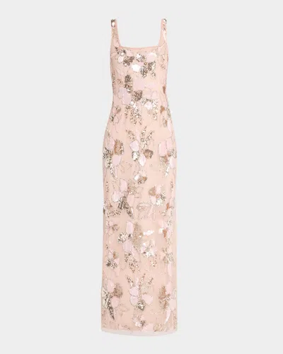 Aidan Mattox Floral Bead & Sequin Column Gown In Pink