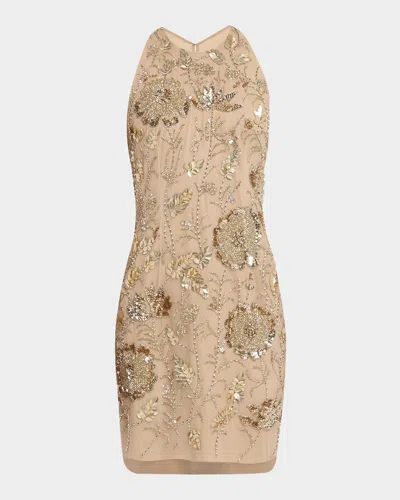 AIDAN MATTOX FLORAL BEAD & SEQUIN HALTER MINI DRESS