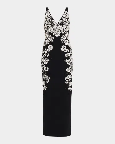 Aidan Mattox Floral Beaded Crepe Column Gown In Black Whit