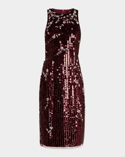 Aidan Mattox Floral Beaded Sequin Midi Dress In Matador Red