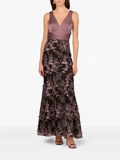 Aidan Mattox Floral-embroidered Satin Dress In Brown