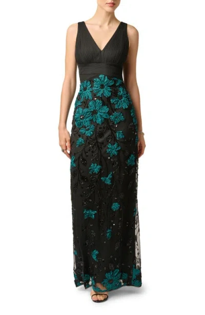 Aidan Mattox Floral Embroidered Sleeveless Gown In Black
