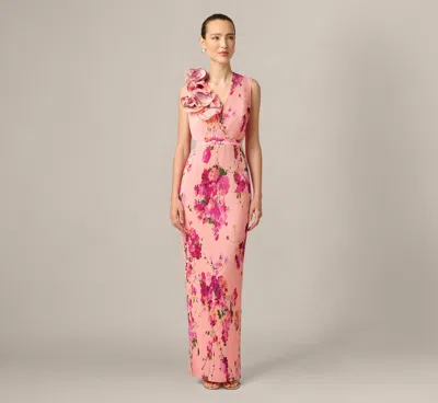 Aidan Mattox Floral Flounce Shoulder Pleated Gown In Pink Multi