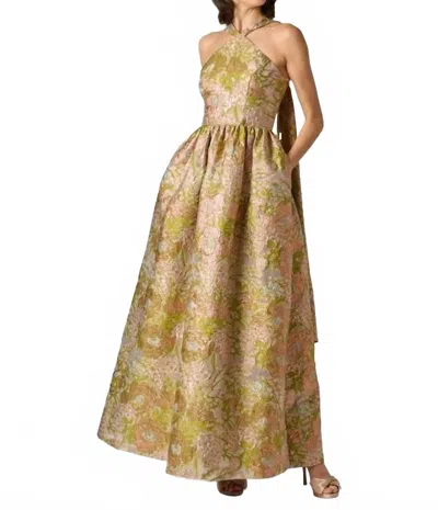 Aidan Mattox Floral Jacquard Halter Scarf Neckline Long Dress In Pink Multi In Green