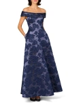 Aidan Mattox Floral Jacquard Off The Shoulder Gown In Blue