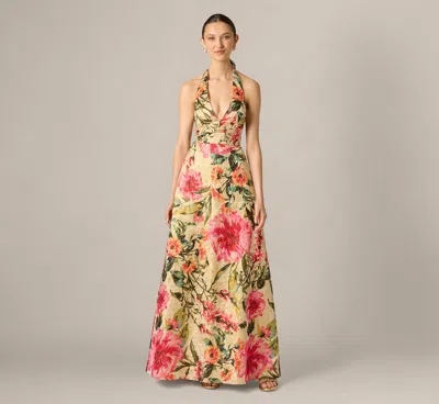 Aidan Mattox Floral Jacquard Plunge Neck Halter Ballgown In Pink Multi