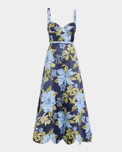 Aidan Mattox Floral Jacquard Sweetheart Scalloped Ankle Dress In Blue Multi