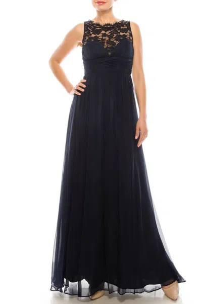 Aidan Mattox Floral Lace Neck A Line Formal Dress In Twilight In Blue