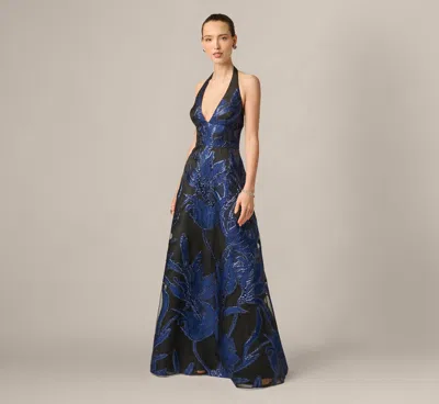 Aidan Mattox Halter Organza Jacquard Gown In Blue