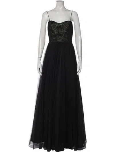 Pre-owned Aidan Mattox Floral Print Long Dress In Black