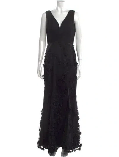 Pre-owned Aidan Mattox Floral Print Long Dress In Black