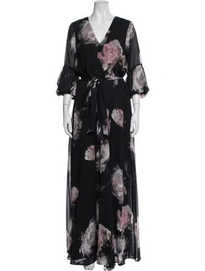 Pre-owned Aidan Mattox Floral Print Long Dress In Black
