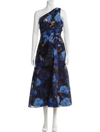 Pre-owned Aidan Mattox Floral Print Long Dress In Black/blue