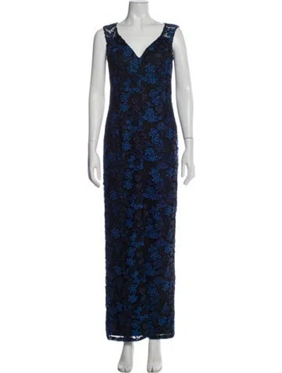 Pre-owned Aidan Mattox Floral Print Long Dress In Blue