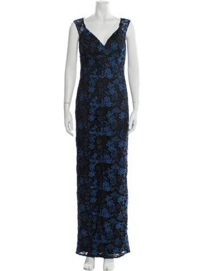 Pre-owned Aidan Mattox Floral Print Long Dress In Blue