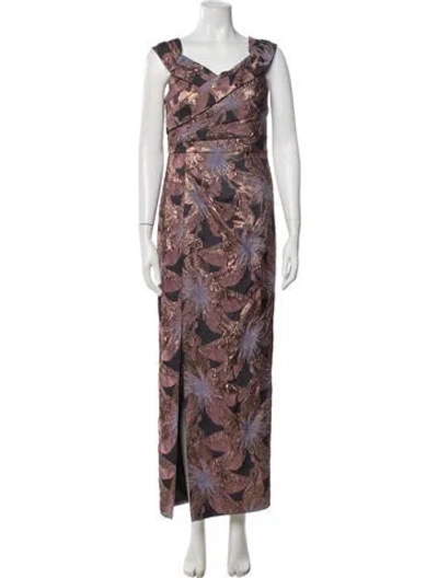 Pre-owned Aidan Mattox Floral Print Long Dress In Burgundy