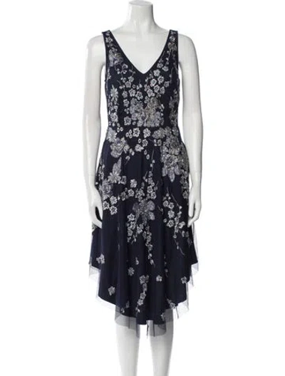 Pre-owned Aidan Mattox Floral Print Midi Length Dress In Blue
