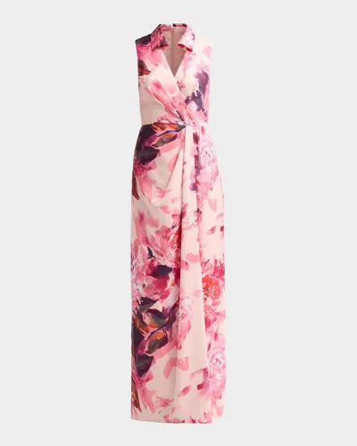 Aidan Mattox Floral Sateen A-line Maxi Dress In Pink Multi