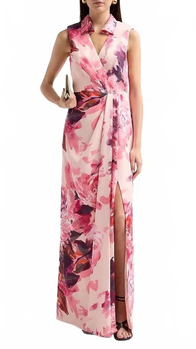 Aidan Mattox Floral Sateen Mock Wrap Maxi Dress In Pink Multi