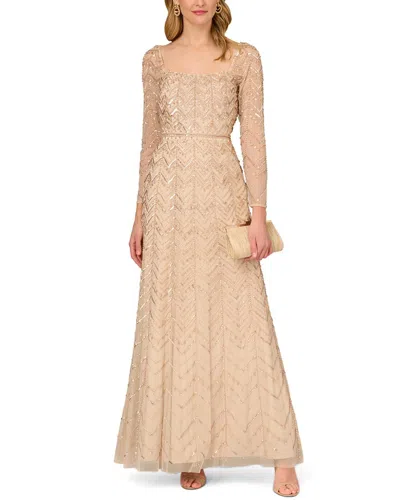 Aidan Mattox Fully Beaded Long Dress In Neutral