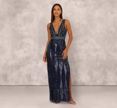 Aidan Mattox Fully Beaded Plunge Long Dress In Navy Gunmetal In Blue