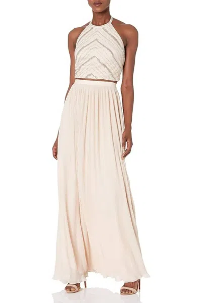 Aidan Mattox Halter Neck Two-piece Long Dress In Champagne In Neutral
