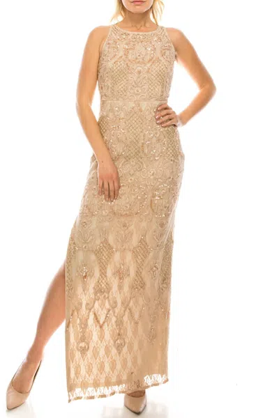 Aidan Mattox Halter-style Embroidered Beaded Dress In Light Mink