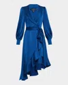Aidan Mattox High-low Crepe Back Satin Midi Wrap Dress In Deep Ocean