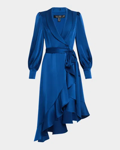 Aidan Mattox High-low Crepe Back Satin Midi Wrap Dress In Deep Ocean