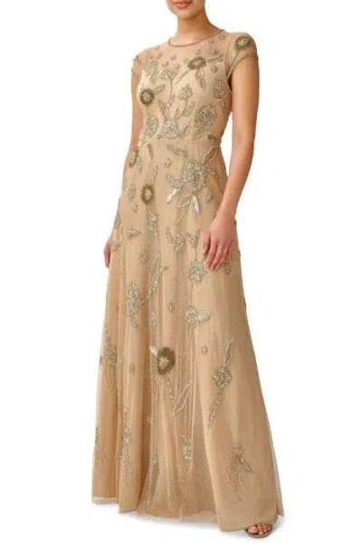 Pre-owned Aidan Mattox Illusion Crew Neck Cap Sleeve Zipper Back A-line Beaded Mesh Dress In Light Gold