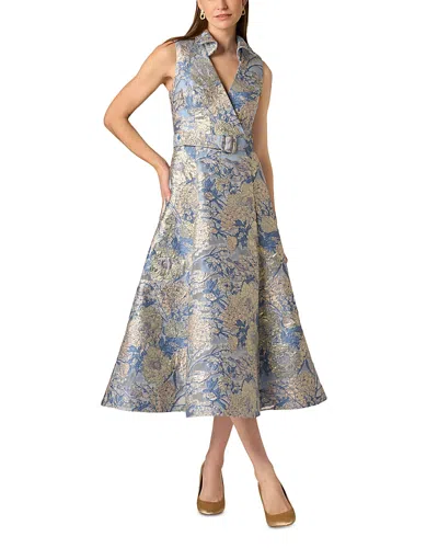 Aidan Mattox Hydrangea Floral Jacquard Collared Midi Dress In Blue Multi