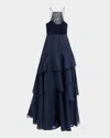 Aidan Mattox Lace Organza Tiered Gown In Navy