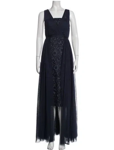 Pre-owned Aidan Mattox Lace Pattern Long Dress In Blue
