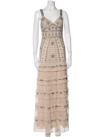 Pre-owned Aidan Mattox Lace Pattern Long Dress In Neutral
