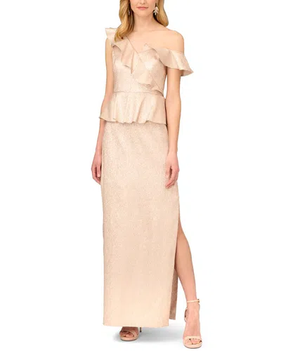 Aidan Mattox Lame Column Gown With Ruffles In Neutral